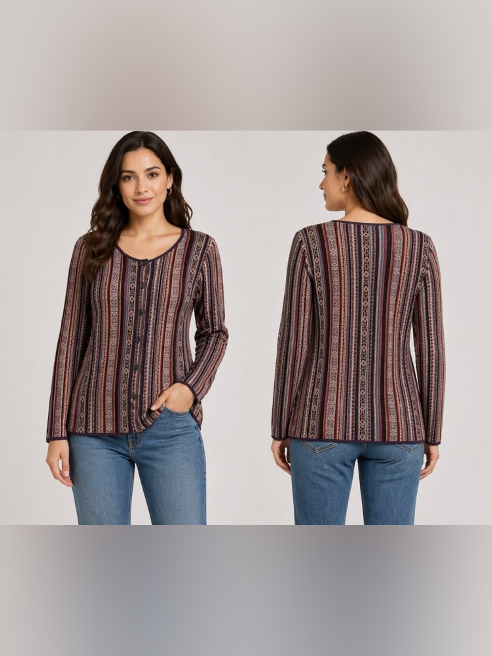 Peruvian Connection Cardigan Sweater Cotton Alpaca Wool M Earthy Stencil Knit